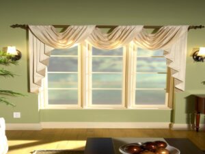 Elegant window with draped swag curtains in a classic interior setting.